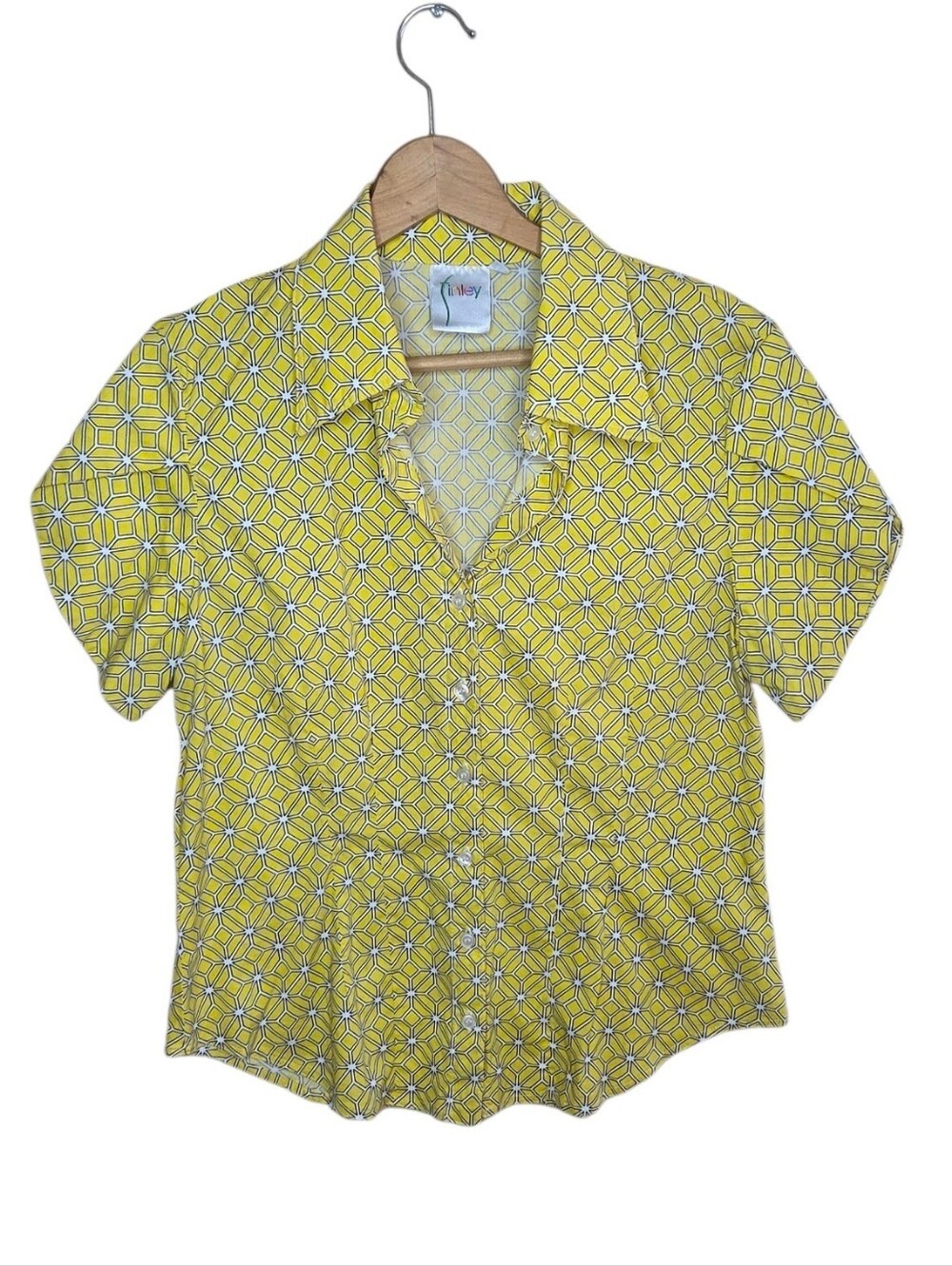 Finley Yellow Black Retro Print Short Tulip Sleeve Button Front Shirt Size Large